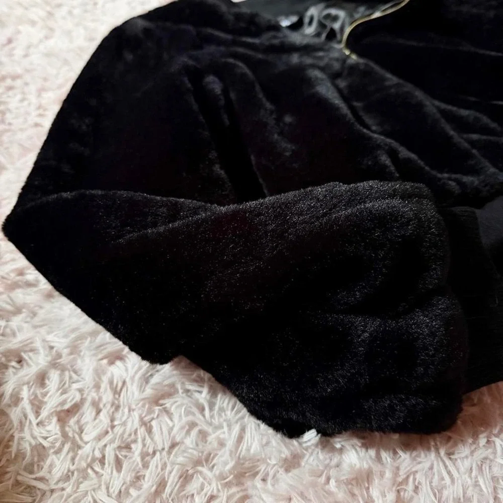 Black Velvet Fuzzy Plush Bomber Jacket Womens 1XL Urban Glam Hiphop Streetwear
